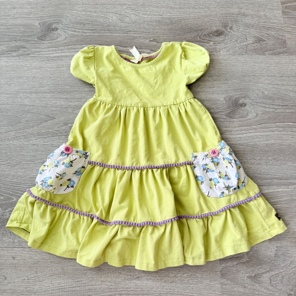 Matilda Jane Girls Lime Green Tiered Pom Pom Dress Floral Pockets Size 2T